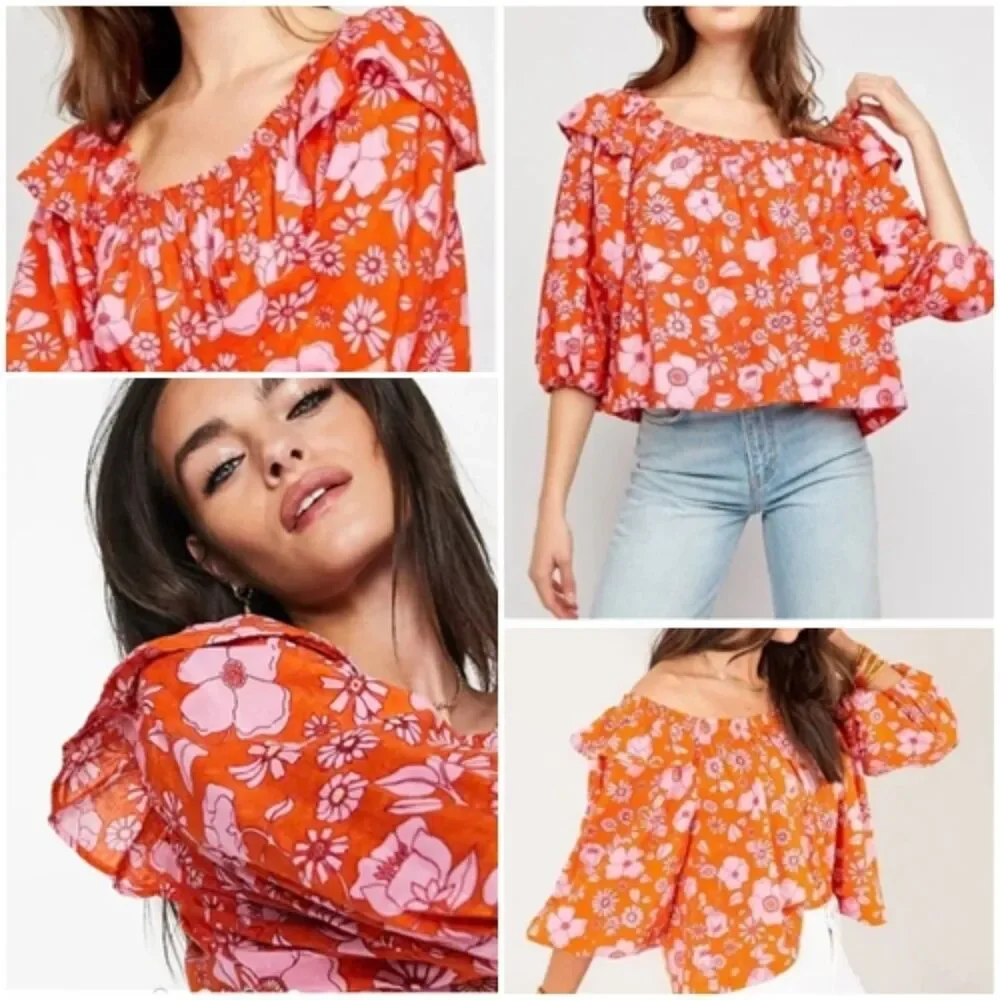 FREE PEOPLE Miss Daisy Floral Off Shoulder Top Ruffle Puff Sleeve Heat Wave Sz M